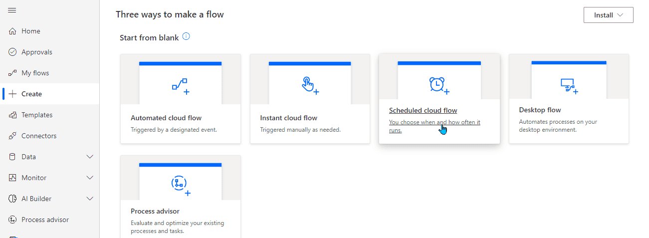 Choosing flow type from the wizard 